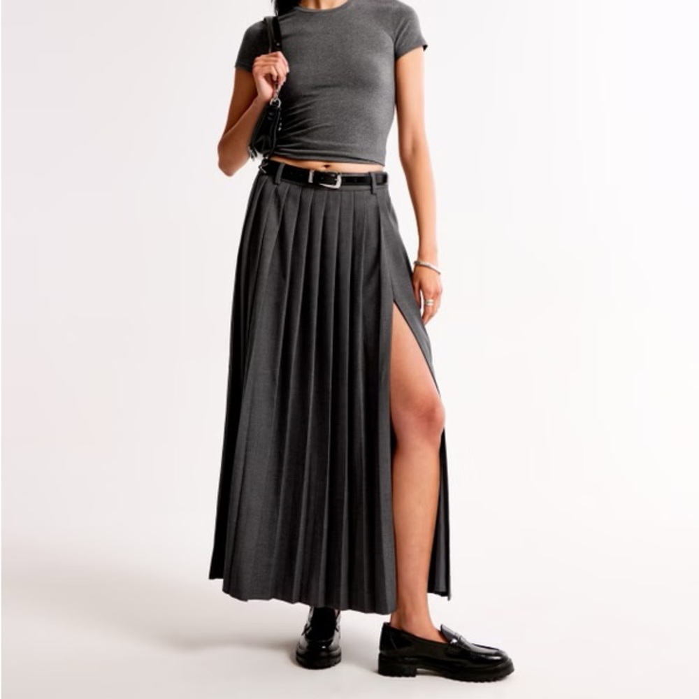 Abercrombie & Fitch Charcoal Pleated Maxi Skirt with Side Slit